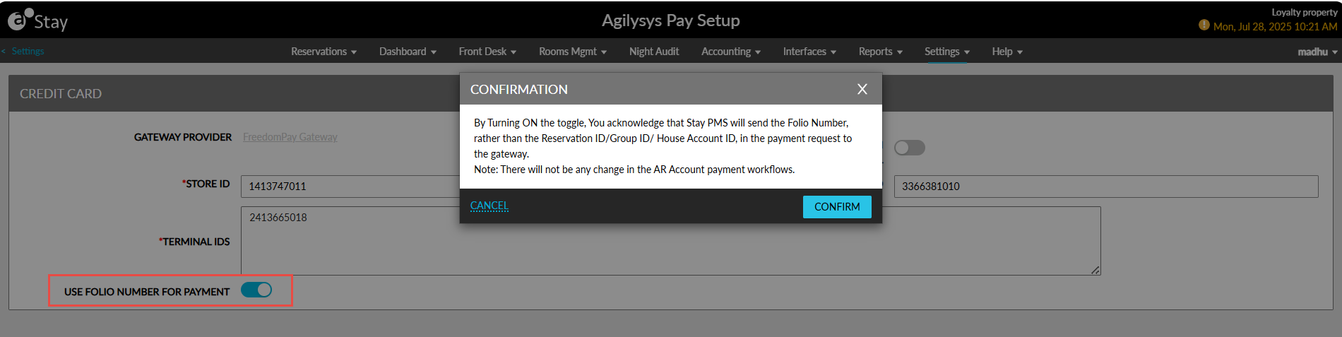 Ability to Send the Folio Number for Payment Transactions