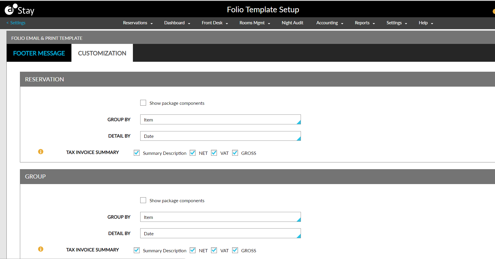 Customize Folio Print and Email in Reservations and Groups